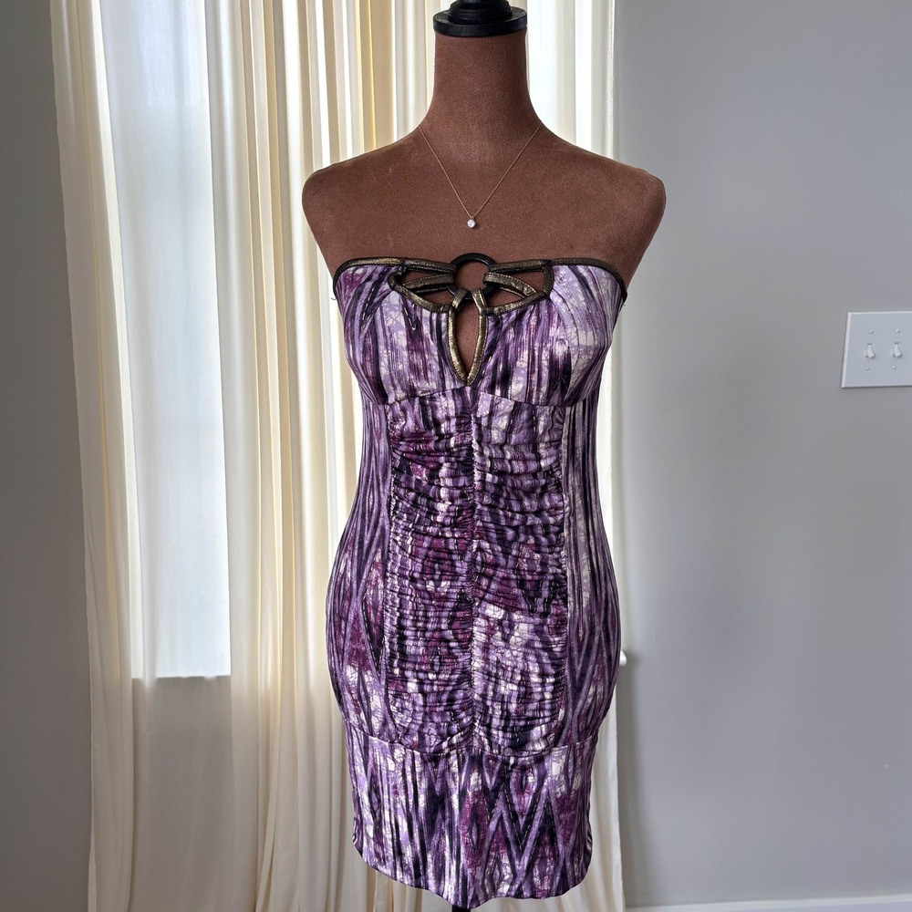 2010s Bodycon Dress M Ruched Strapless Abstract Party Indie Sleaze Y2K Clubwear